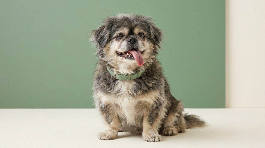 Un petit chien hirsute au pelage gris et brun avec la langue pendante, posant devant un fond vert et beige.