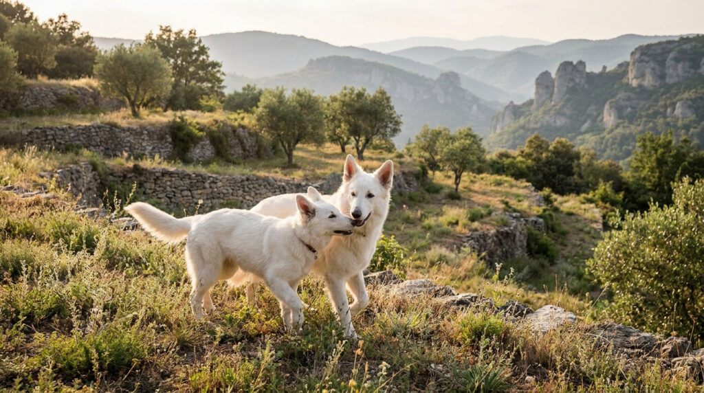 Deux Bergers Blancs Suisses, chiens de Julien Doré, sur une colline ensoleillée. L'un renifle l'autre, montagnes rocailleuses en fond.