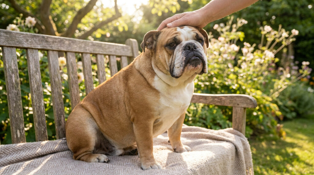 Un bulldog anglais beige et blanc est assis sur un banc en bois dans un jardin, une main le caresse sur la tête.