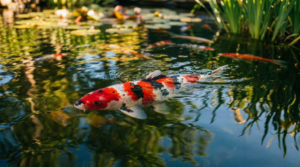 Un poisson Koi tricolore (rouge, blanc, noir) nage à la surface d'un bassin de jardin ensoleillé, entouré d'autres poissons et de verdure.