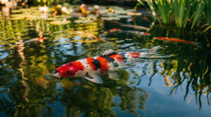 Un poisson Koi tricolore (rouge, blanc, noir) nage à la surface d'un bassin de jardin ensoleillé, entouré d'autres poissons et de verdure.
