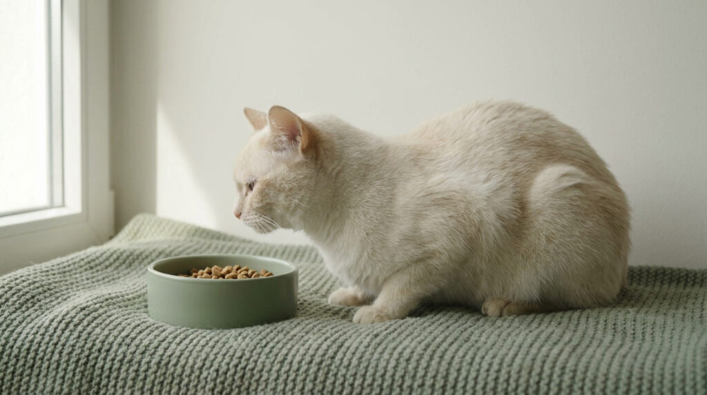 Chat de couleur crème assis devant une gamelle remplie de croquettes, hésitant à manger.