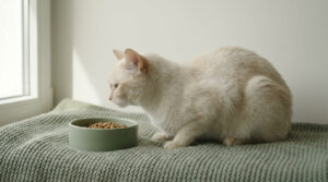 Chat de couleur crème assis devant une gamelle remplie de croquettes, hésitant à manger.