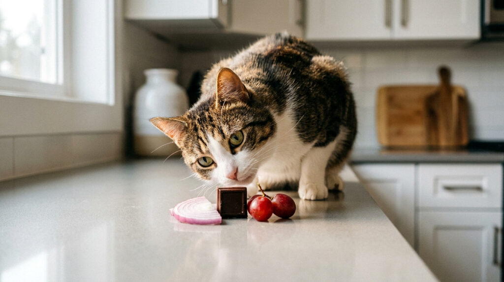 Un chat tigré renifle une tranche d'oignon, un morceau de chocolat et des raisins sur un comptoir de cuisine, illustrant les aliments dangereux.