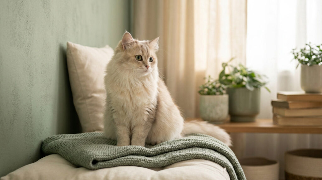 Un chat à poils longs de couleur crème assis sur une couverture verte pliée dans une pièce lumineuse.