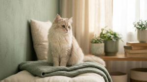 Un chat à poils longs de couleur crème assis sur une couverture verte pliée dans une pièce lumineuse.