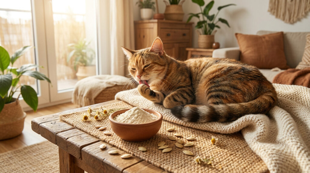 Chat tigré roux se toilettant près d'un bol de poudre blanche et de graines de courge dans un salon lumineux.