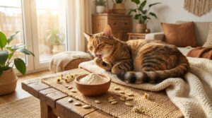 Chat tigré roux se toilettant près d'un bol de poudre blanche et de graines de courge dans un salon lumineux.