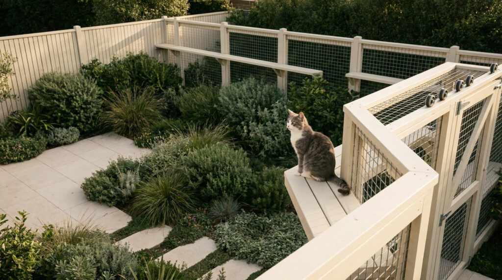 Un chat gris et blanc assis sur une plateforme en bois dans un jardin sécurisé par une clôture en grillage.