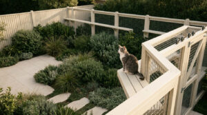Un chat gris et blanc assis sur une plateforme en bois dans un jardin sécurisé par une clôture en grillage.