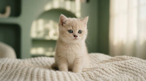 Un adorable chaton crème aux grands yeux assis sur un plaid en maille dans une pièce aux tons verts pastel.