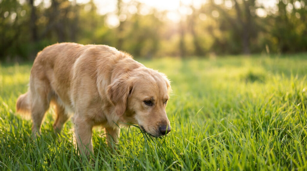 Golden Retriever mangeant de l'herbe verte dans un pré ensoleillé. Lumière douce filtrant des arbres à l'arrière-plan.