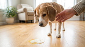 Un beagle regarde tristement son vomi jaune sur un plancher en bois, une main humaine le réconforte. Scène domestique.