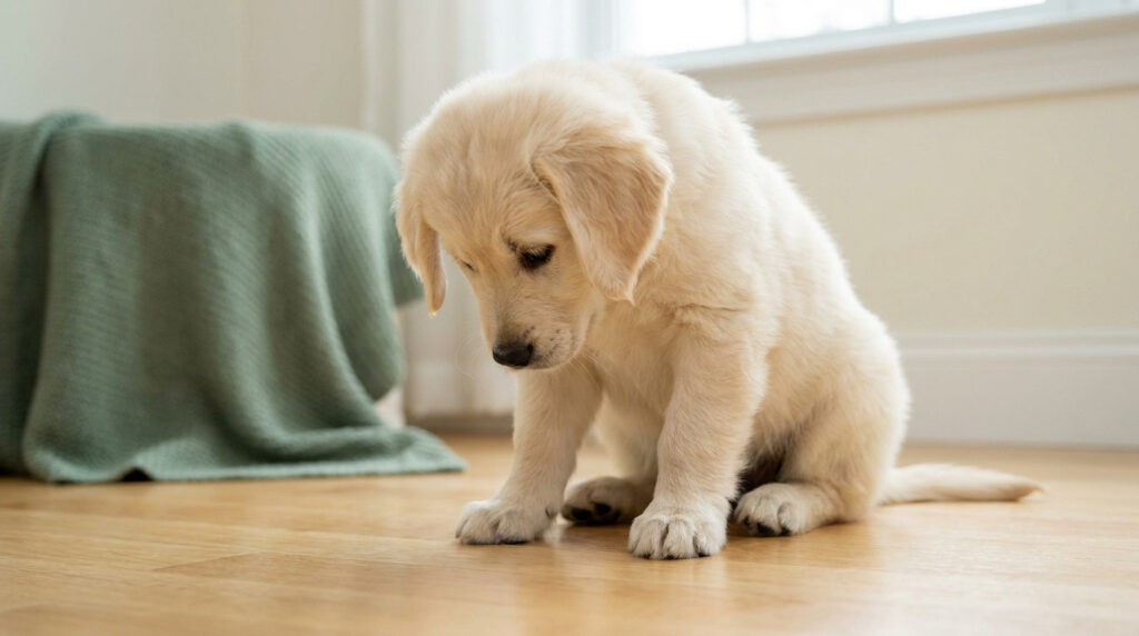 Un chiot Golden Retriever au pelage crème assis sur un parquet, regardant le sol avec une expression triste.
