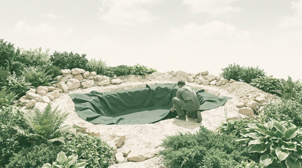 Un homme installe une bâche d'étanchéité noire dans un trou creusé dans le sol pour créer un bassin de jardin.