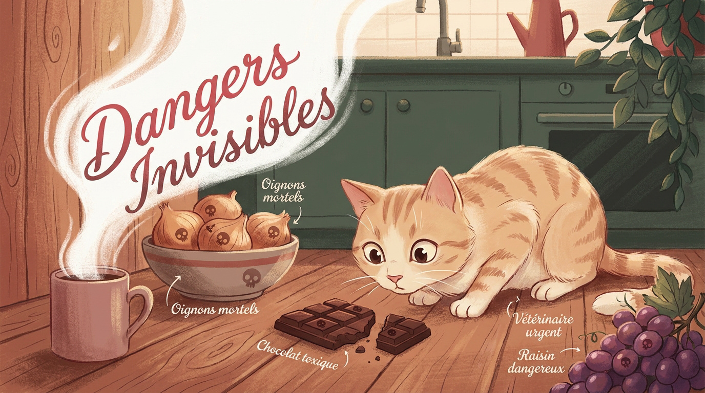 Aliments dangereux pour chat disposés sur un plan de travail de cuisine