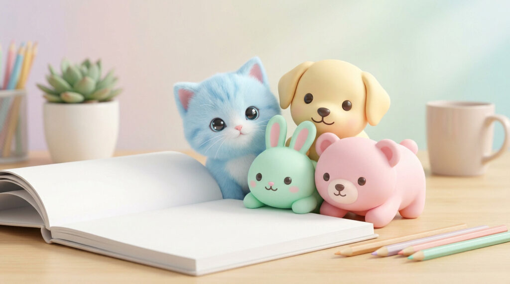 Un chaton bleu, un chiot, un lapin et un ourson mignons en 3D à côté d'un carnet ouvert et de crayons sur un bureau.