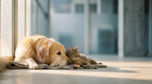 Photo d'un chien golden retriever et d'un chat tigré allongés ensemble près d'une fenêtre baignée de soleil. Symbole de protection et bien-être animal.