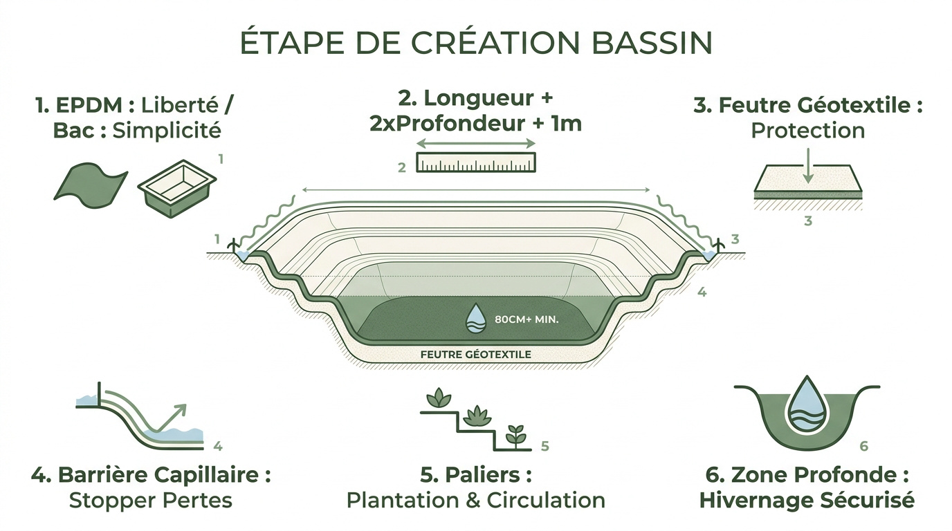 Schéma des étapes de terrassement et d'étanchéité pour la création d'un bassin de jardin