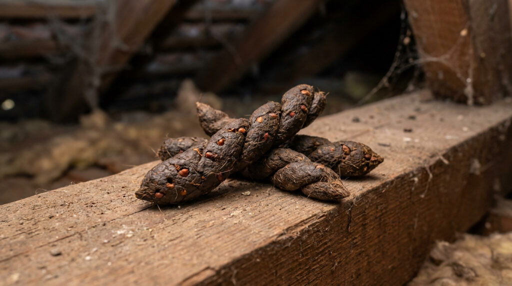 Plusieurs excréments de fouine foncés, tubulaires et torsadés, contenant des graines, posés sur une poutre en bois dans un grenier sombre. Toiles d'araignées visibles.