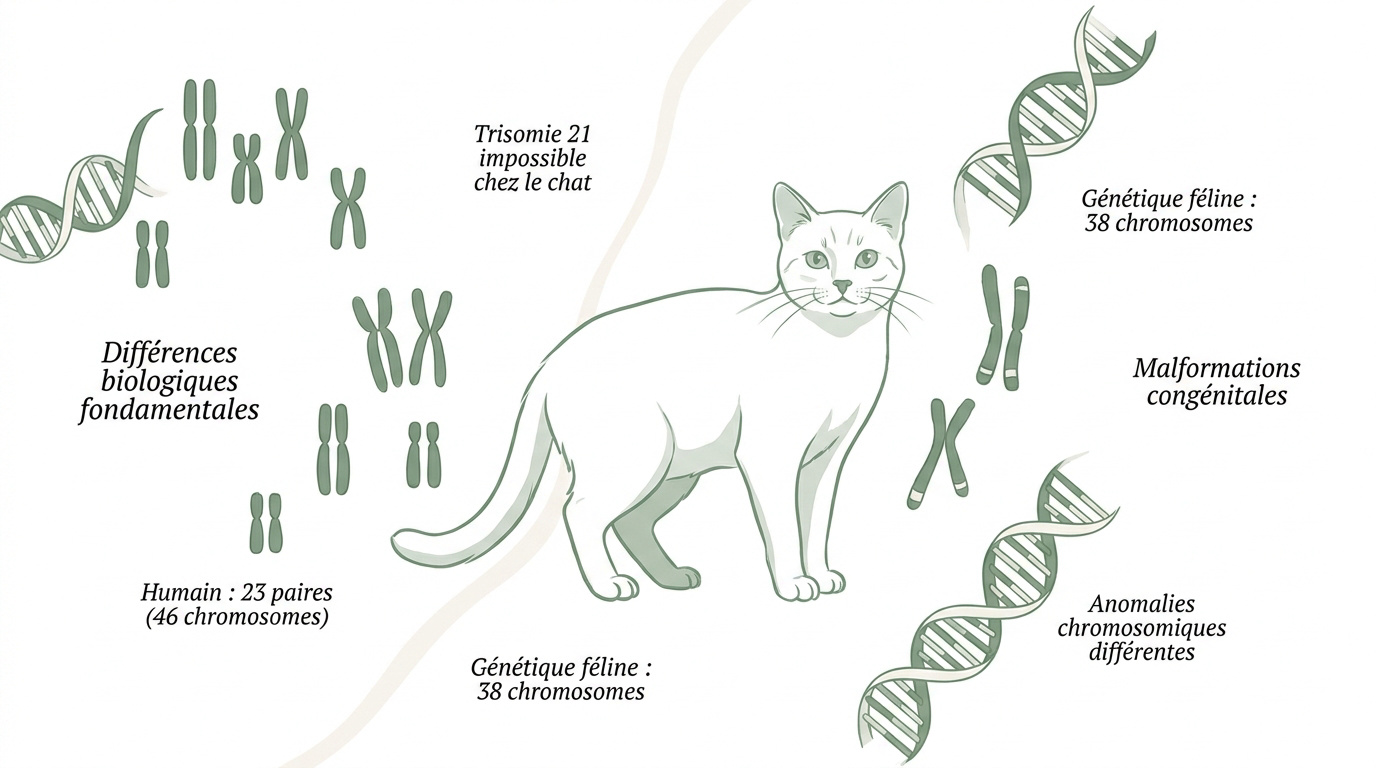 Comparaison génétique entre le caryotype du chat et de l'humain montrant la différence de chromosomes