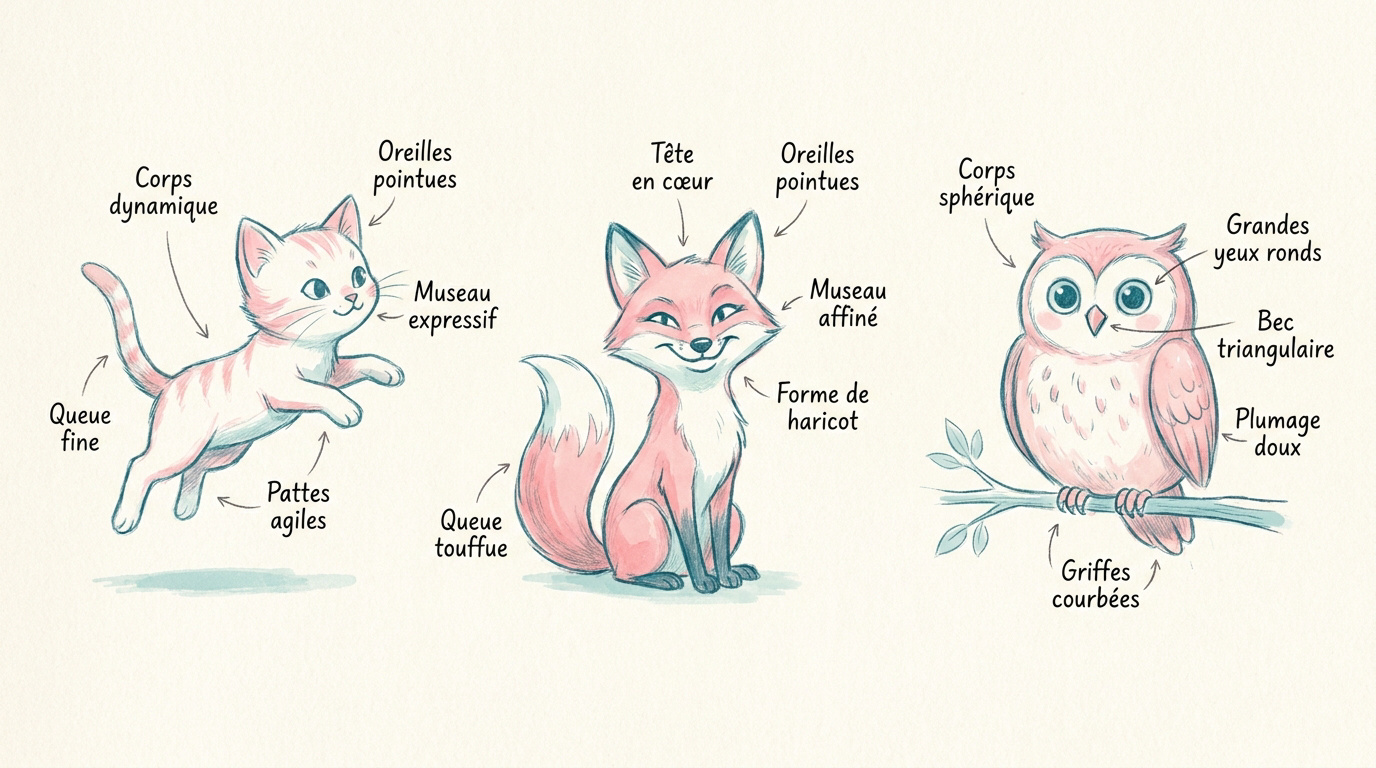 Illustration pédagogique montrant les étapes pour dessiner un chat, un renard et un hibou dans un style mignon