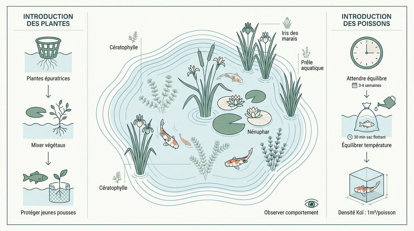 Aménagement végétal et introduction des poissons dans un bassin de jardin