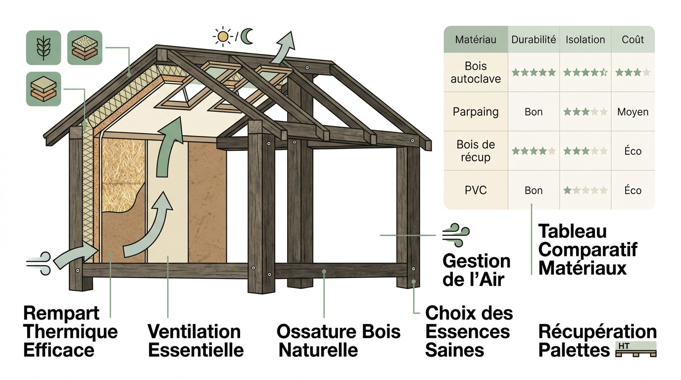 Infographie détaillant les techniques de construction en bois et l'isolation thermique pour un poulailler sain
