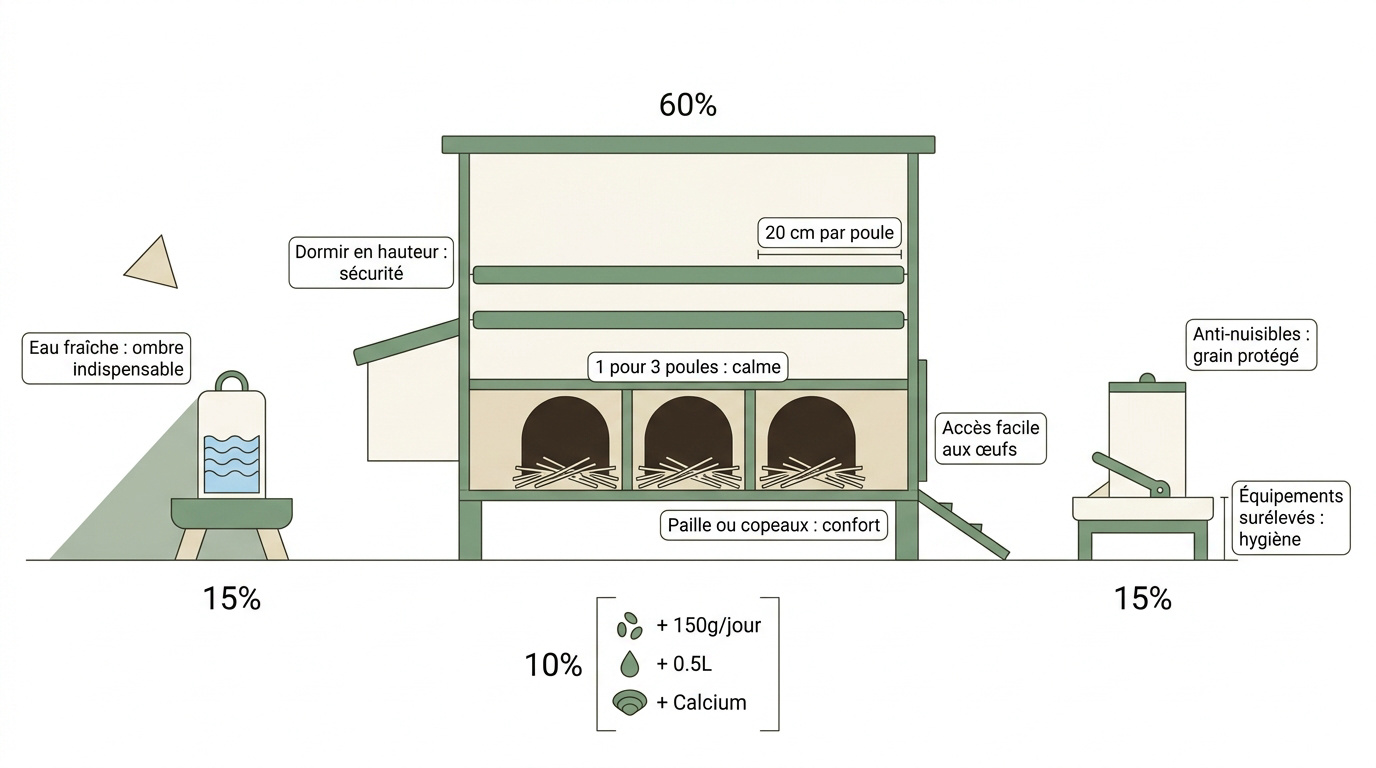 Infographie sur l'aménagement intérieur et l'hygiène d'un poulailler domestique