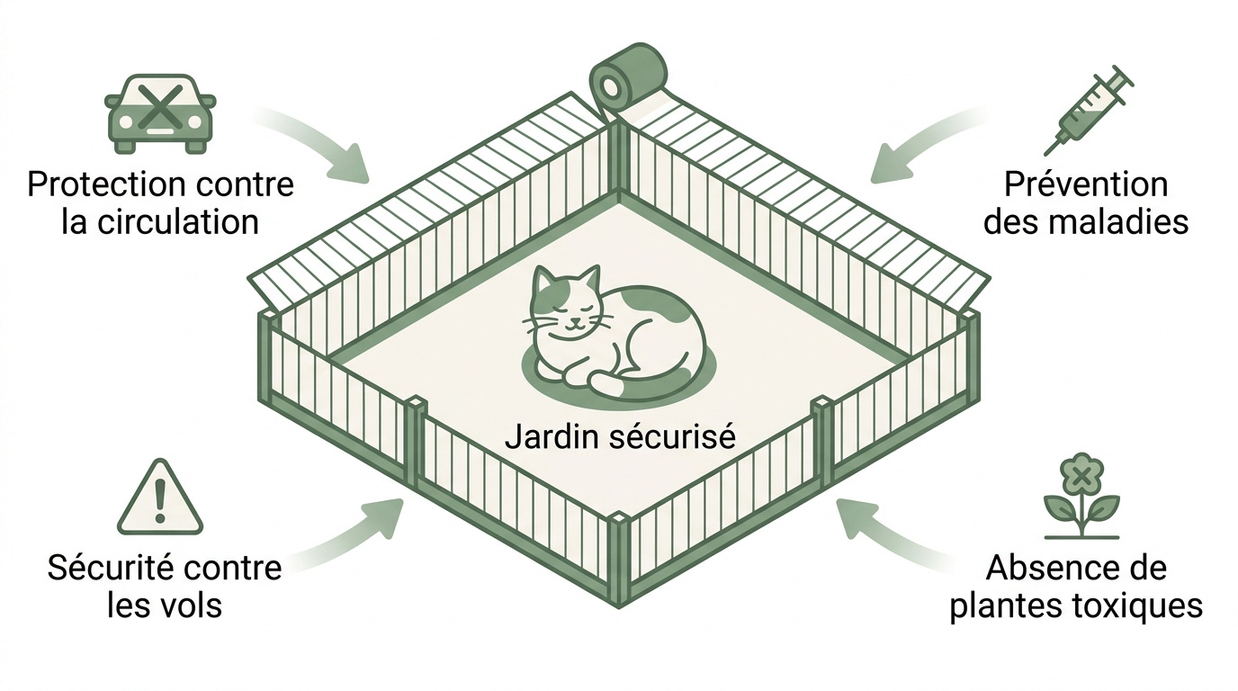 Chat domestique profitant en toute sécurité d'un jardin aménagé avec une clôture de protection
