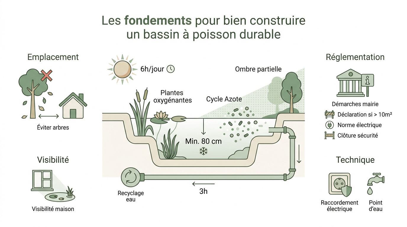 Bassin de jardin avec poissons et plantes aquatiques sous un ensoleillement optimal