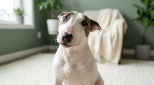 Un Bull Terrier miniature blanc avec des taches brunes inclina la tête dans un intérieur moderne et lumineux.