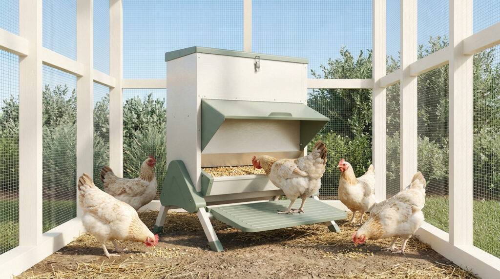 Des poules autour d'une mangeoire automatique à pédale dans un poulailler grillagé.