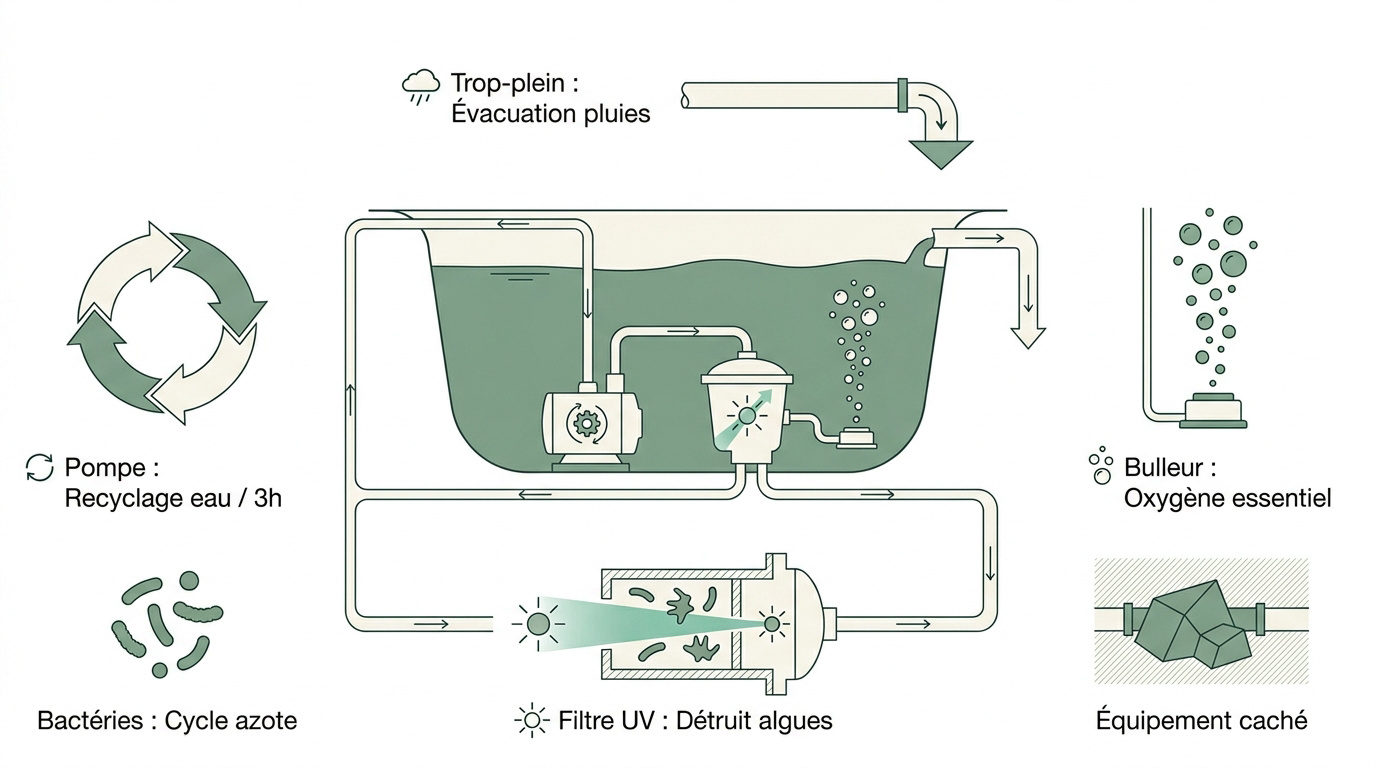 Schéma technique d'un système de filtration et d'oxygénation pour bassin à poissons