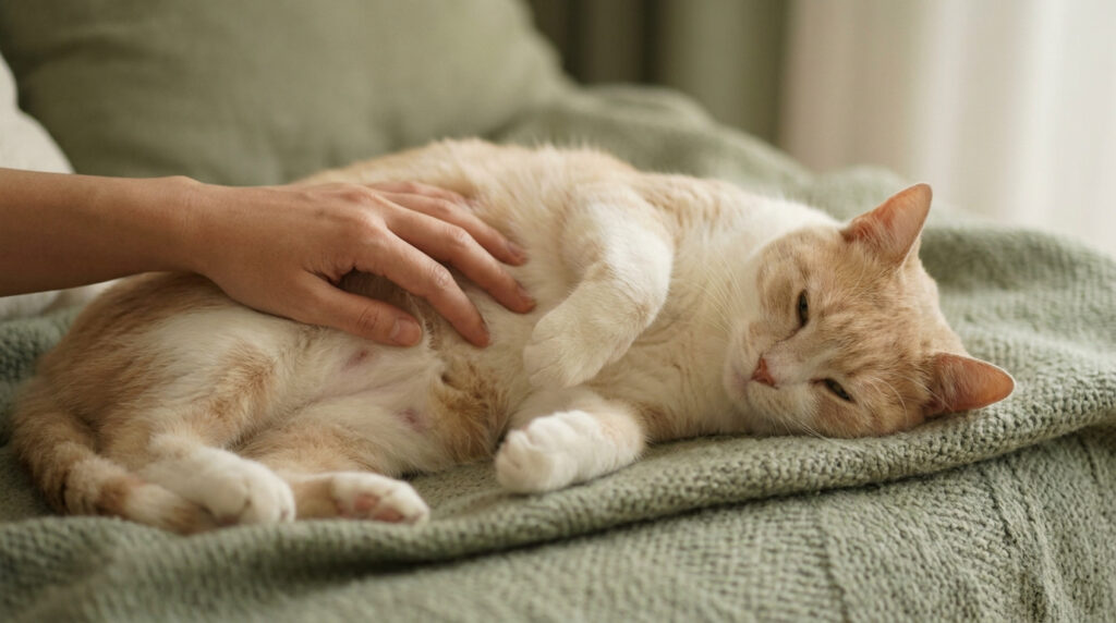Une main caresse le ventre d'un chat beige allongé sur une couverture verte.