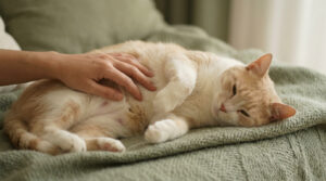 Une main caresse le ventre d'un chat beige allongé sur une couverture verte.