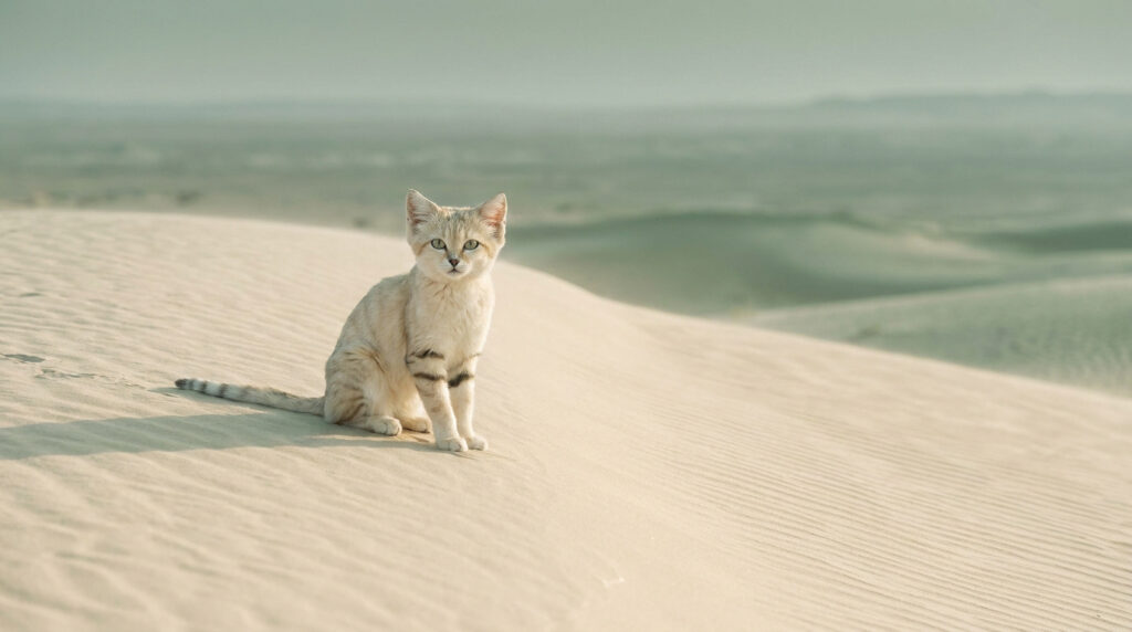 Un chat des sables assis sur une dune de sable doré dans un vaste désert sous un ciel brumeux.