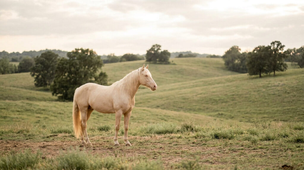 Un magnifique cheval de couleur crème debout paisiblement dans un vaste pré verdoyant sous un ciel nuageux.