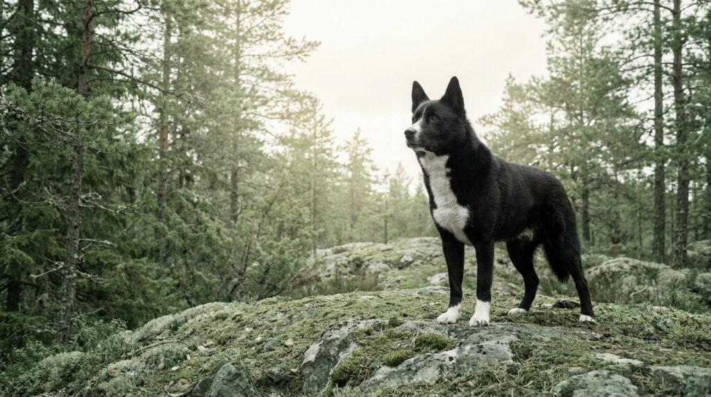Un Chien d'ours de Carélie noir et blanc se tient debout, attentif, sur un rocher couvert de mousse au milieu d'une forêt.