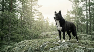 Un Chien d'ours de Carélie noir et blanc se tient debout, attentif, sur un rocher couvert de mousse au milieu d'une forêt.