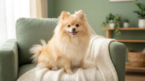 Un Spitz nain au pelage beige assis fièrement sur un fauteuil vert agrémenté d'un plaid blanc, dans une pièce lumineuse.