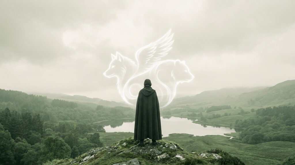 Une personne en cape regarde un lac, surmontée d'une aura lumineuse représentant un loup ailé et un ours.
