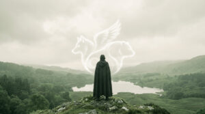Une personne en cape regarde un lac, surmontée d'une aura lumineuse représentant un loup ailé et un ours.