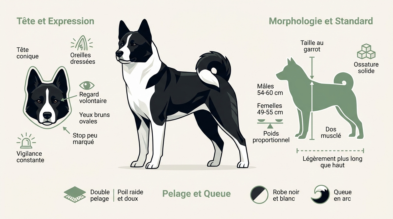 Chien d'ours de Carélie debout montrant sa robe noire et blanche et sa morphologie robuste