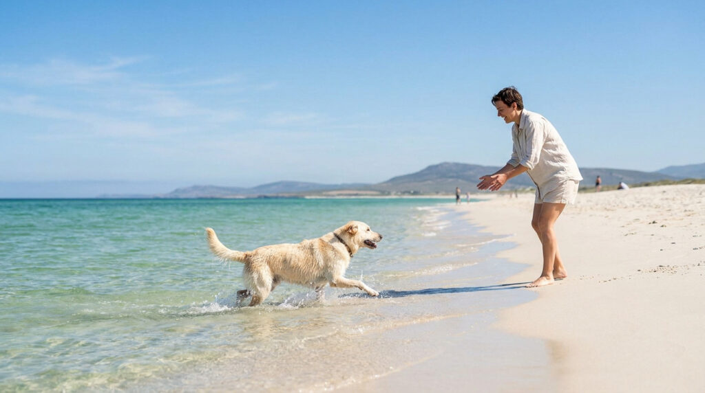 Une femme joue avec son chien de type labrador dans l'eau cristalline d'une plage ensoleillée.