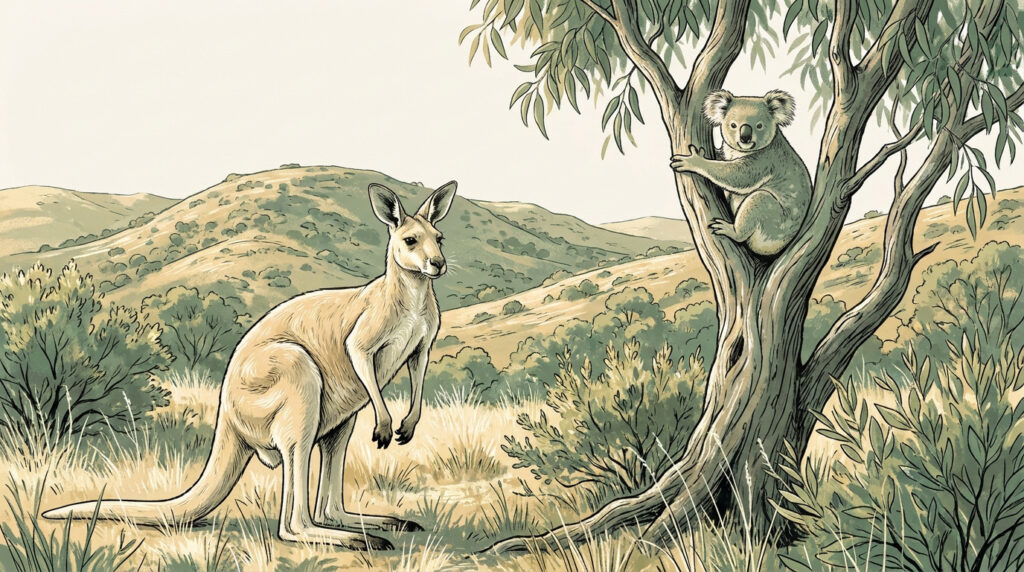 Un kangourou debout dans les herbes hautes à côté d'un koala perché sur un eucalyptus dans un paysage australien.
