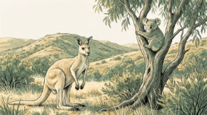 Un kangourou debout dans les herbes hautes à côté d'un koala perché sur un eucalyptus dans un paysage australien.