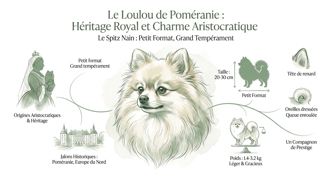 Spitz nain blanc élégant assis dans un panier