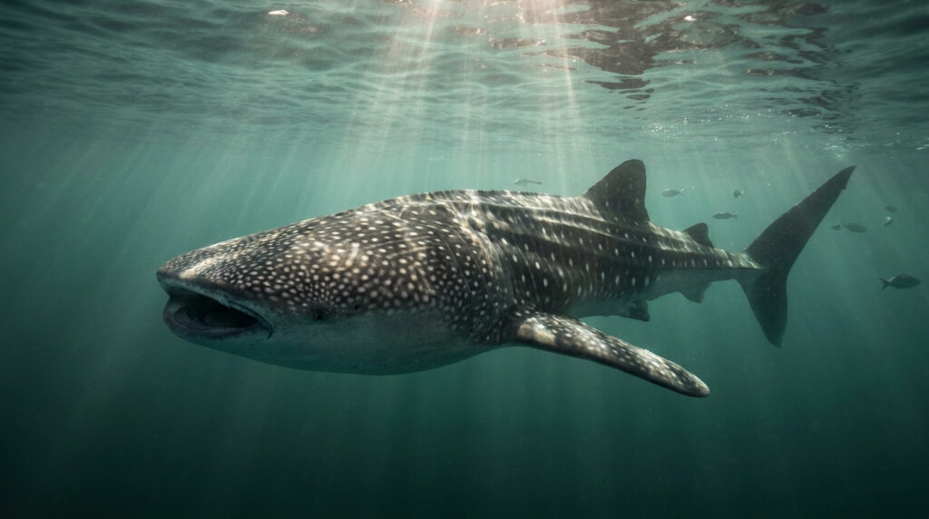 Un grand requin-baleine nageant près de la surface de l'eau avec des rayons de soleil filtrant à travers.