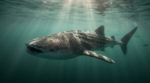 Un grand requin-baleine nageant près de la surface de l'eau avec des rayons de soleil filtrant à travers.